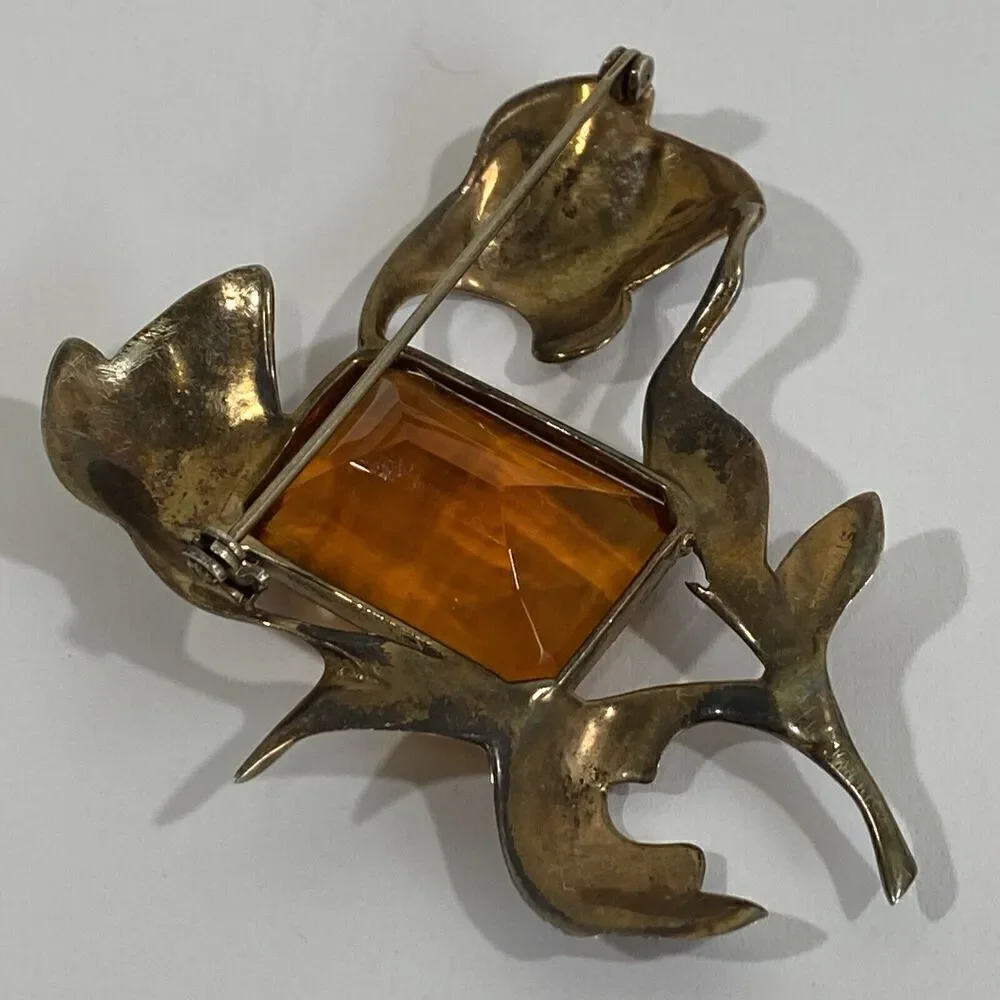 Antique Large Sterling Silver & Topaz Glass Brooch Art Nouveau Estate 2 3/8”